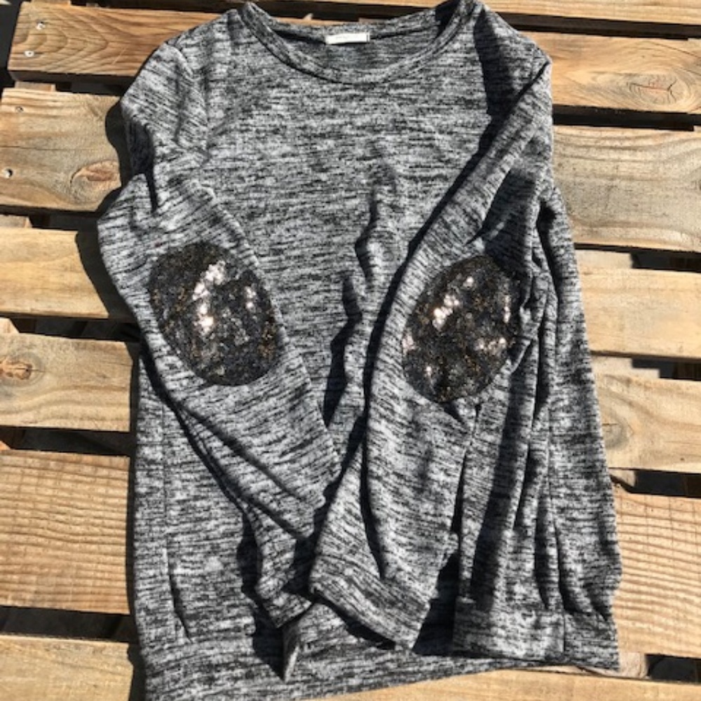 12PM BY MON AMI, BLACK/GREY TOP, SEQUIN ELBOW PADS